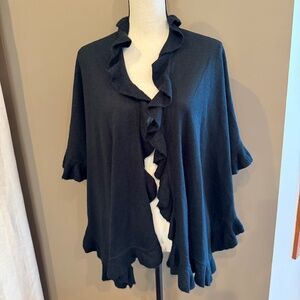 Black Ruffle Trim Open front Poncho Cape Shawl, One Size